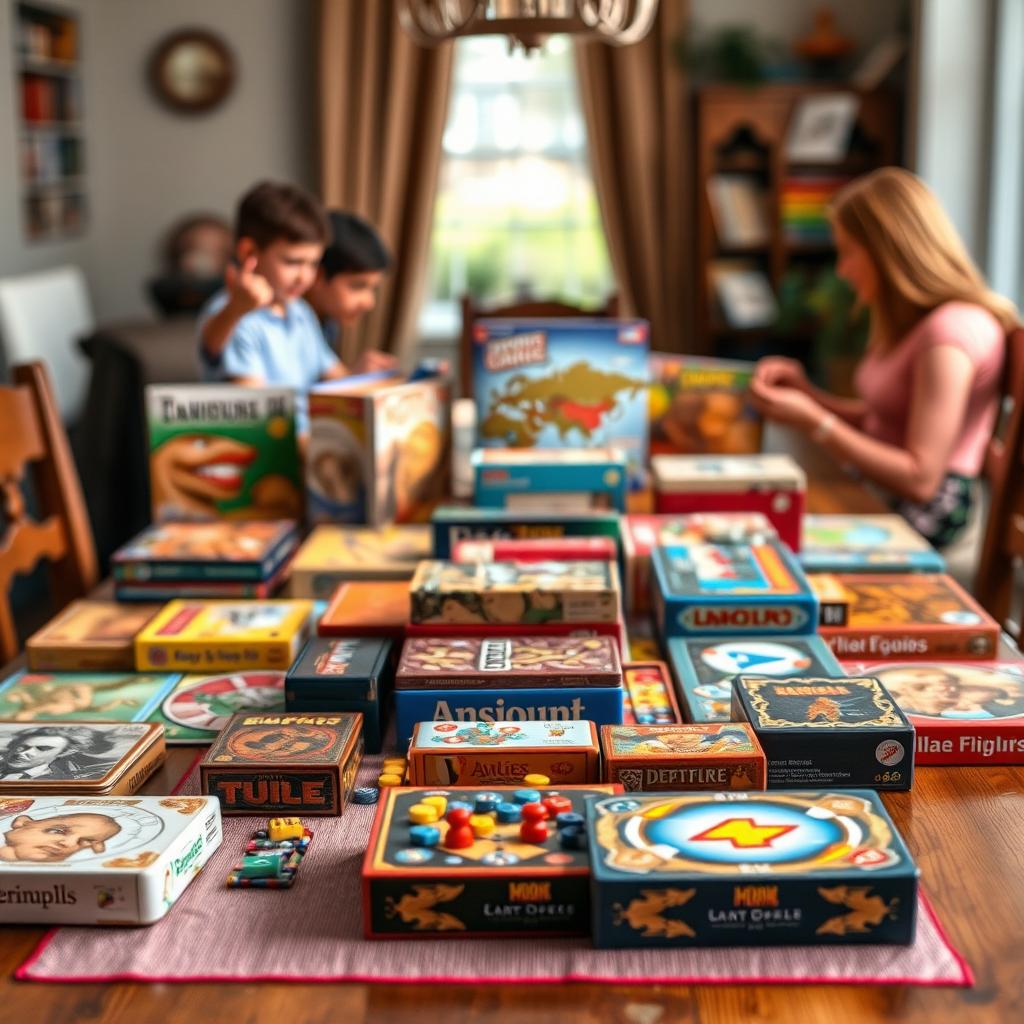 Színes társasjátékok kollekciója egy asztalon elrendezve, családi játékestét hangulatában