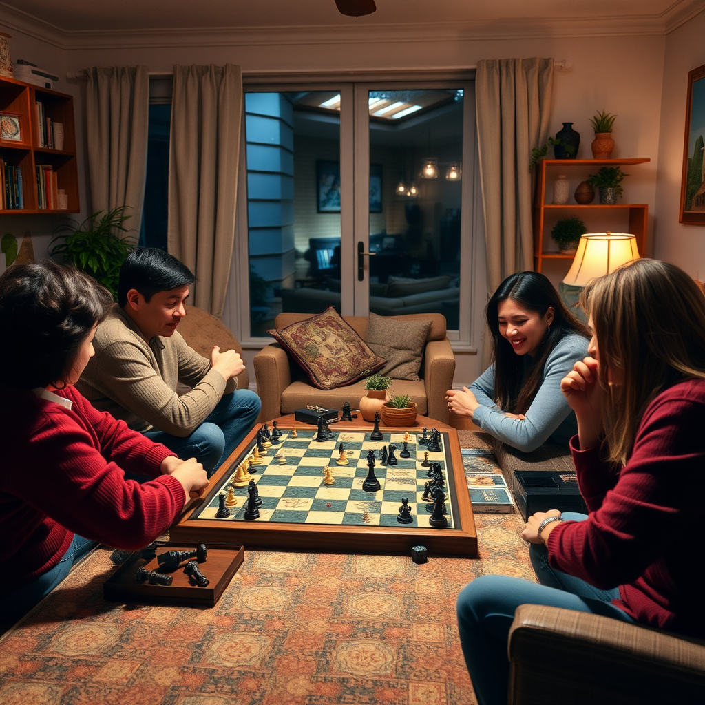 Családi társasjáték este stratégiai játékokkal, sakktáblával és modern Euro-játékokkal egy meleg nappaliban