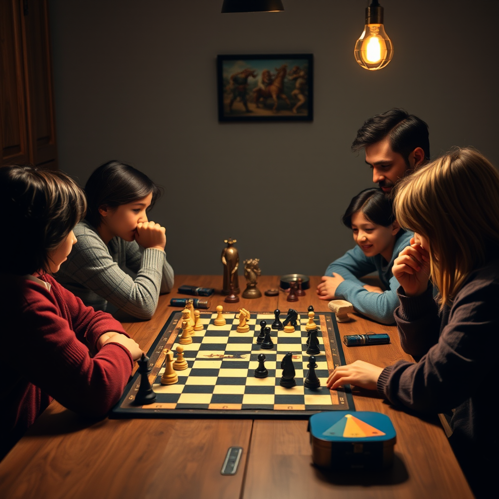 Családi játékest stratégiai társasjátékokkal, sakktábla és modern euro-játékok egy asztalon, családtagok gondolkodnak a következő lépéseken