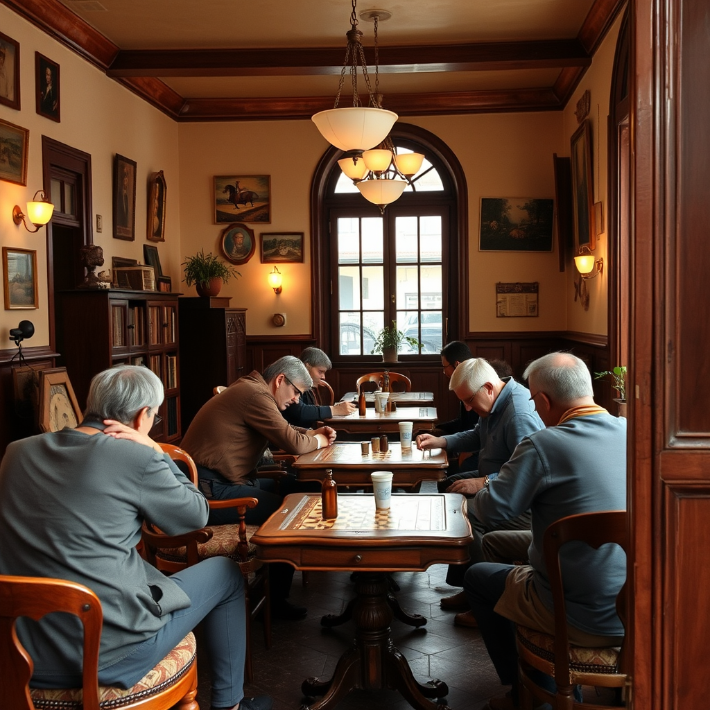 Hagyományos magyar kávéház belső tere társasjátékozó emberekkel, vintage bútorokkal és meleg világítással