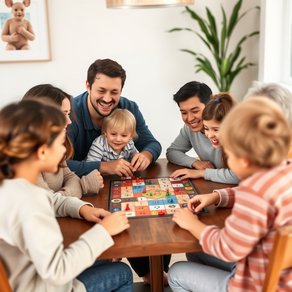 Családtagok együtt játszanak kooperatív társasjátékkal az asztal körül, mindenki mosolyog és együttműködik a közös cél elérése érdekében