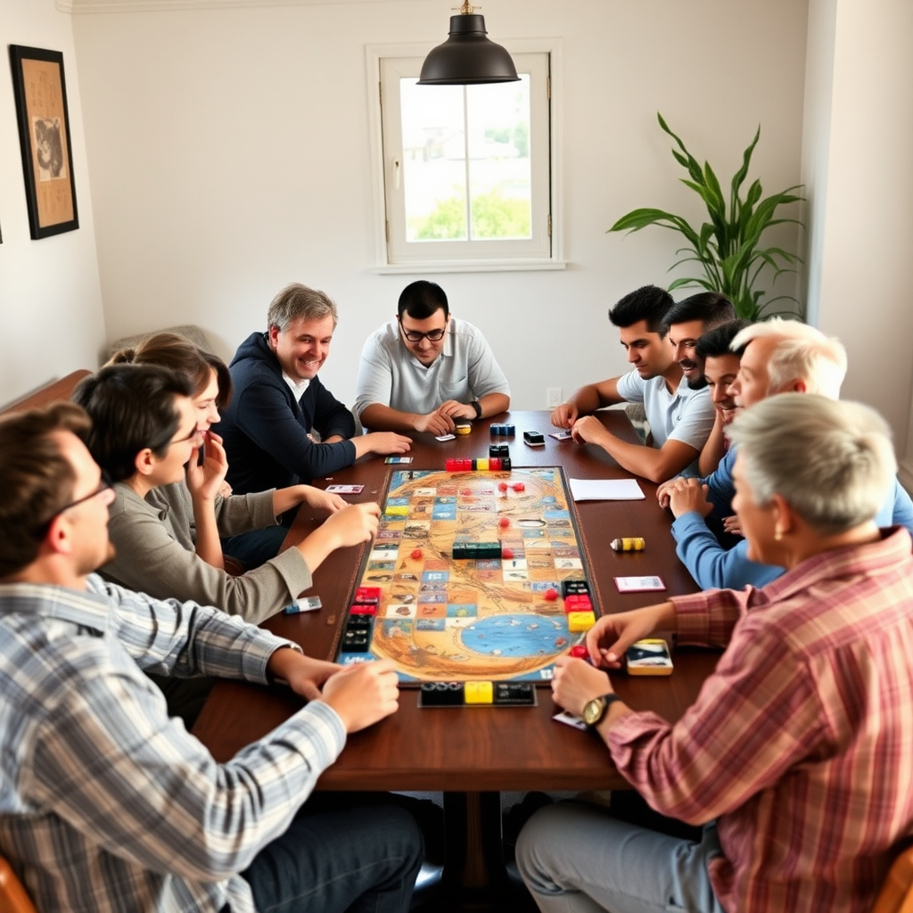 Nagy csoport játszik társasjátékot egy asztal körül, mindenki nevet és jól érzi magát