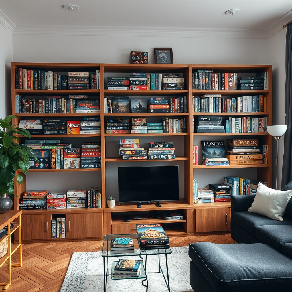 Rendezett társasjáték gyűjtemény fa polcokon egy modern budapesti lakás nappalijában, ahol a játékok méret és kategória szerint vannak elrendezve