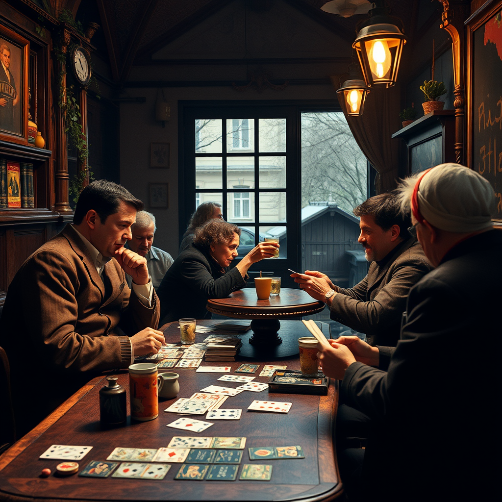 Hagyományos magyar kártyajáték budapesti kávéházban, modern társasjátékokkal kombinálva, magyar kulturális elemekkel
