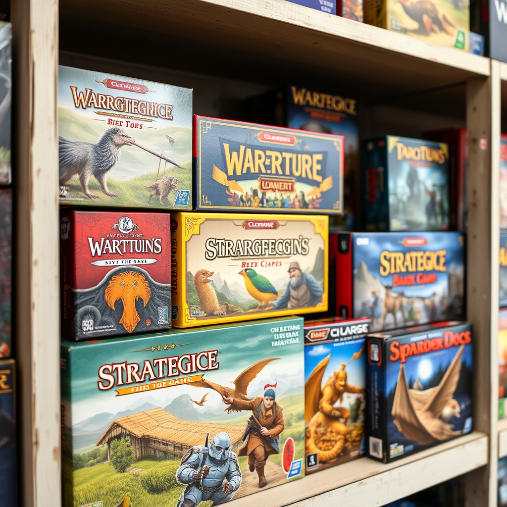 Különböző stratégiai társasjátékok dobozai egy polcon, színes és vonzó csomagolásban