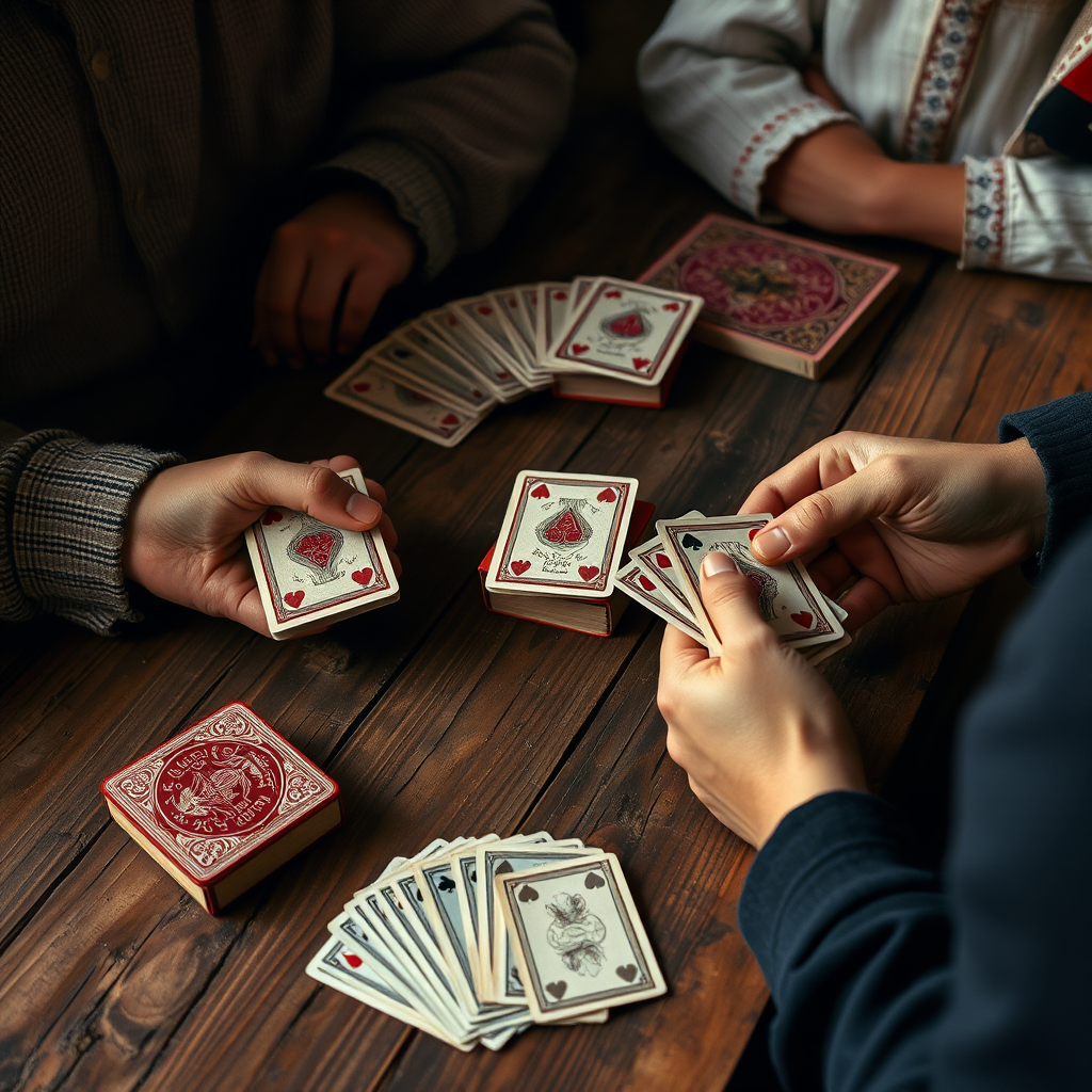 Hagyományos magyar kártyajátékok vintage kártyacsomaggal és régi fa asztalon