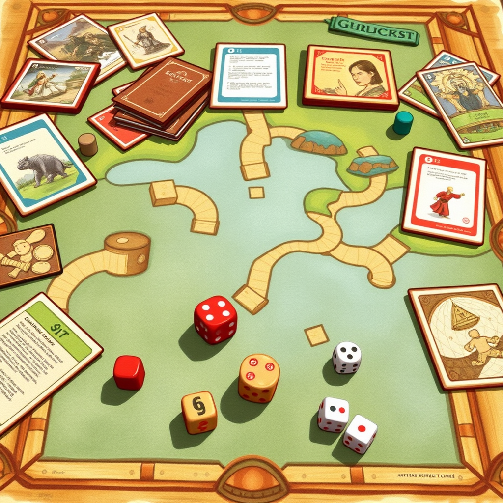Társasjáték táblán látható különböző játékmechanikák illusztrációja, kártyák, kockák és játékfigurák
