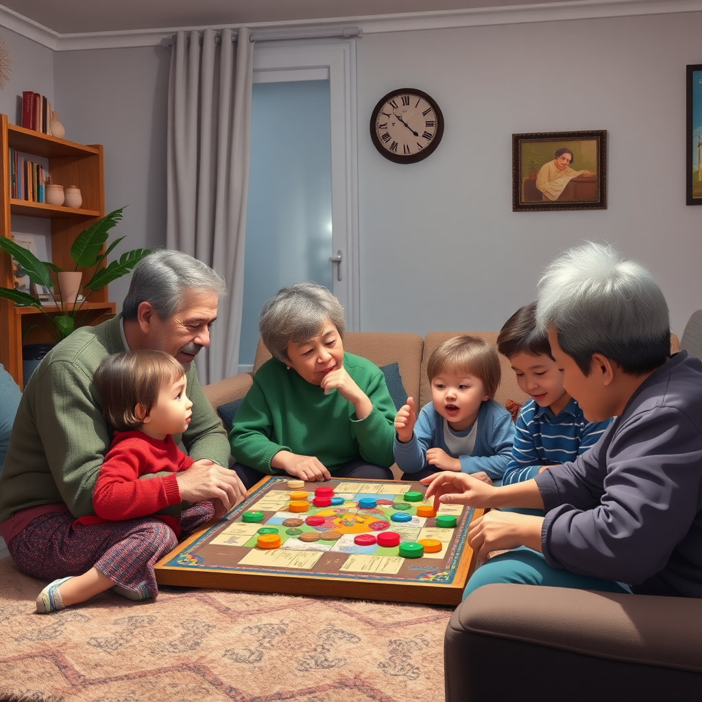 Család játszik társasjátékot a nappaliban, nagyszülők és unokák együtt