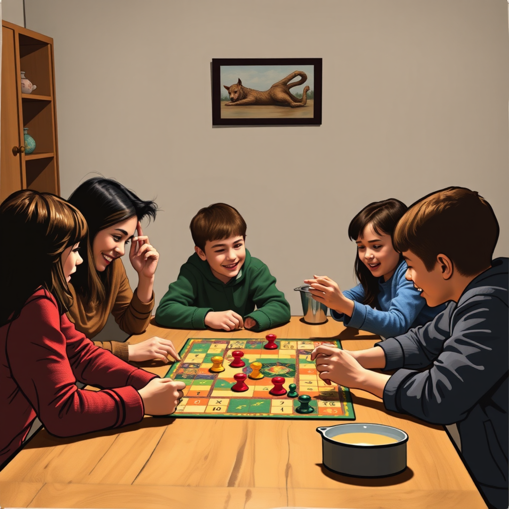 Család együtt játszik kooperatív társasjátékot az asztalnál, mindenki együttműködik közös cél érdekében, barátságos légkörben