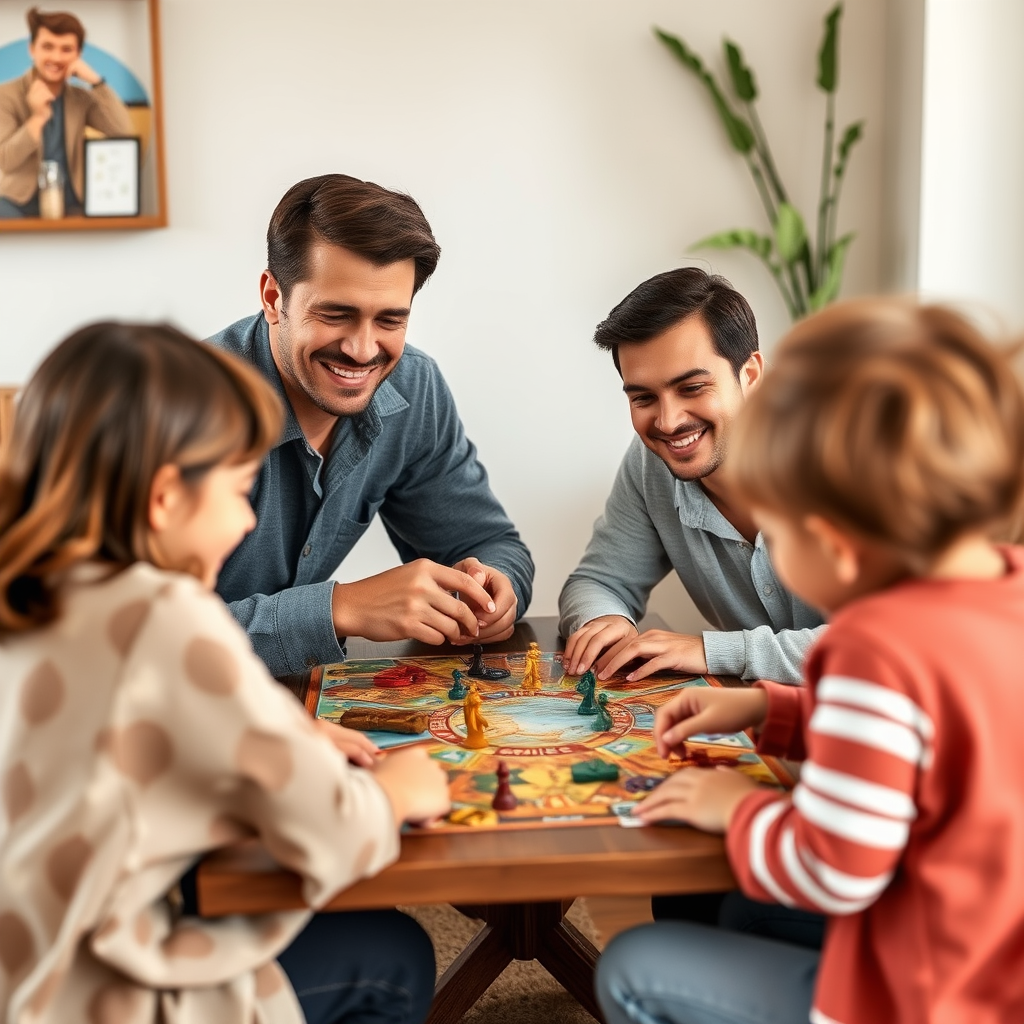 Család együtt játszik kooperatív társasjátékot, mindenki egy csapat, közös célért dolgoznak, family games hangulat