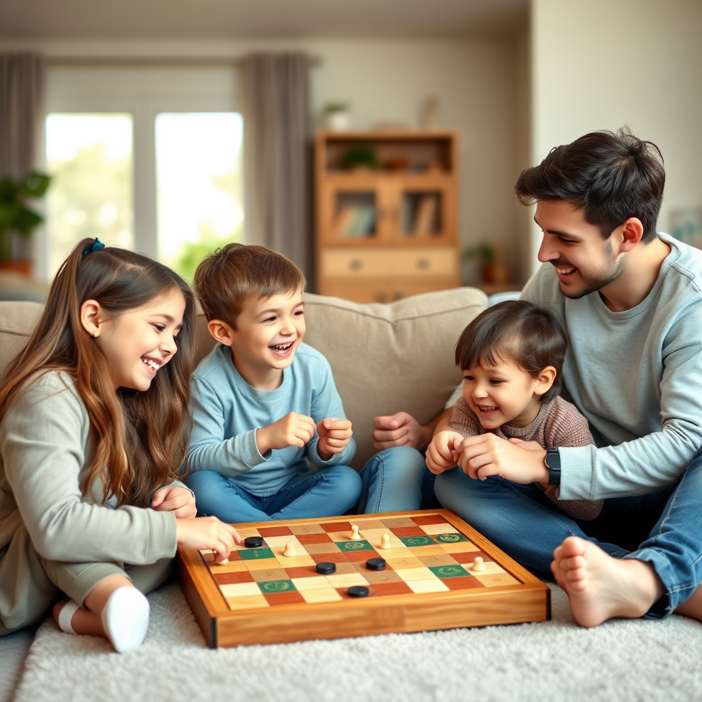 Boldog család játszik társasjátékkal a nappaliban, gyerekek és szülők együtt nevetnek és gondolkodnak a következő lépésen