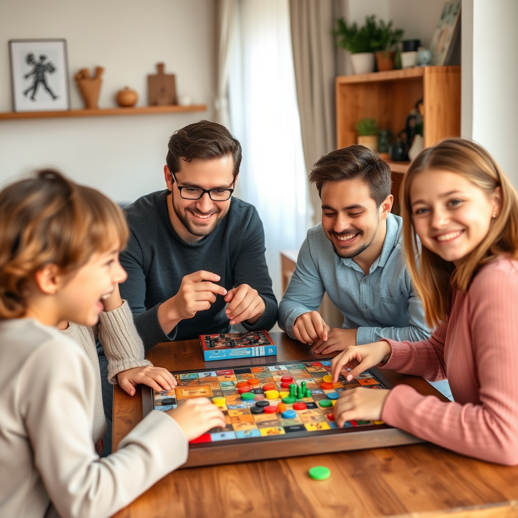 Modern magyar család társasjátékozás közben otthoni környezetben, mosolygós arcokkal és színes játékokkal az asztalon