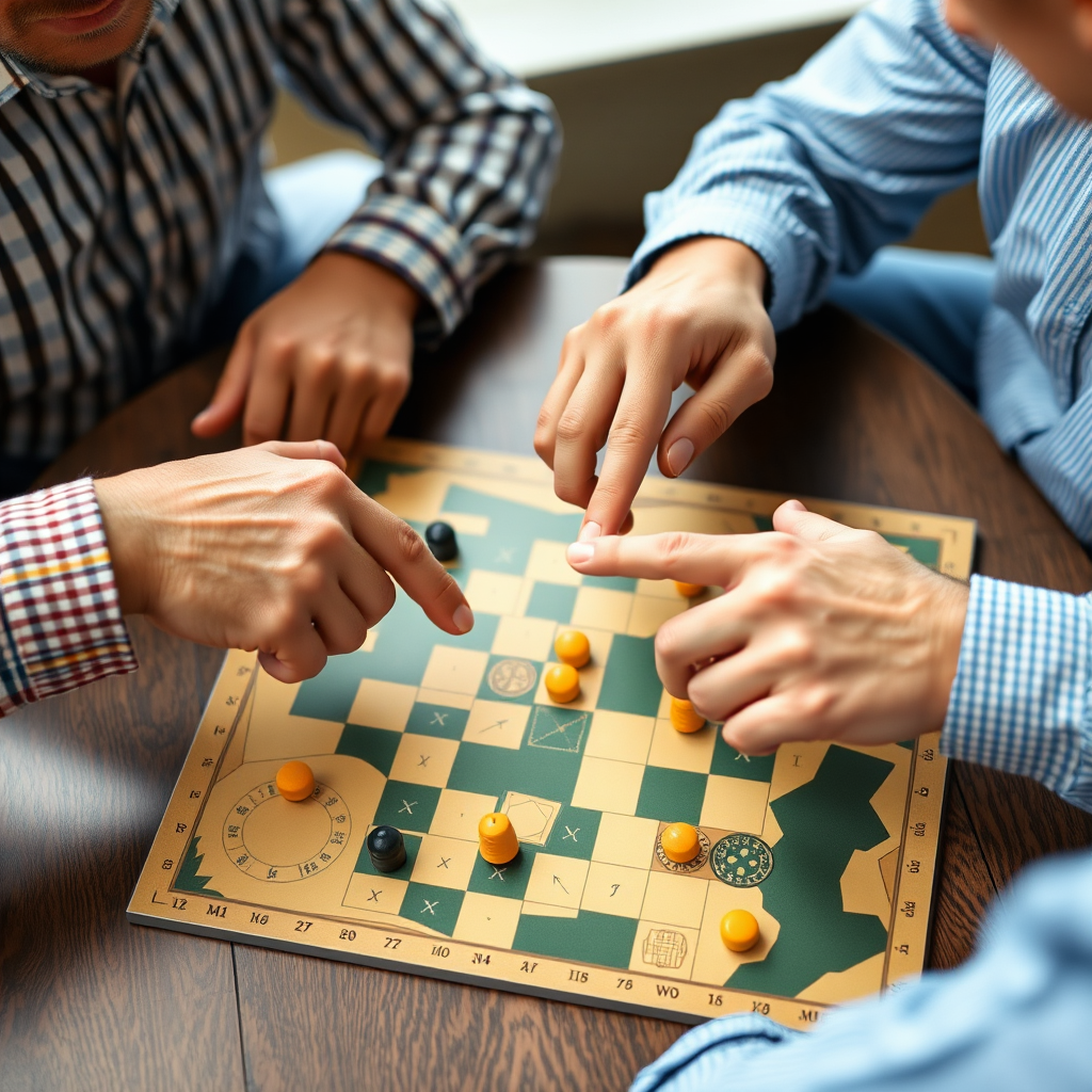 Játékosok stratégiát terveznek együtt, kezük a játéktábla fölött, közösen mutatnak különböző pontokra