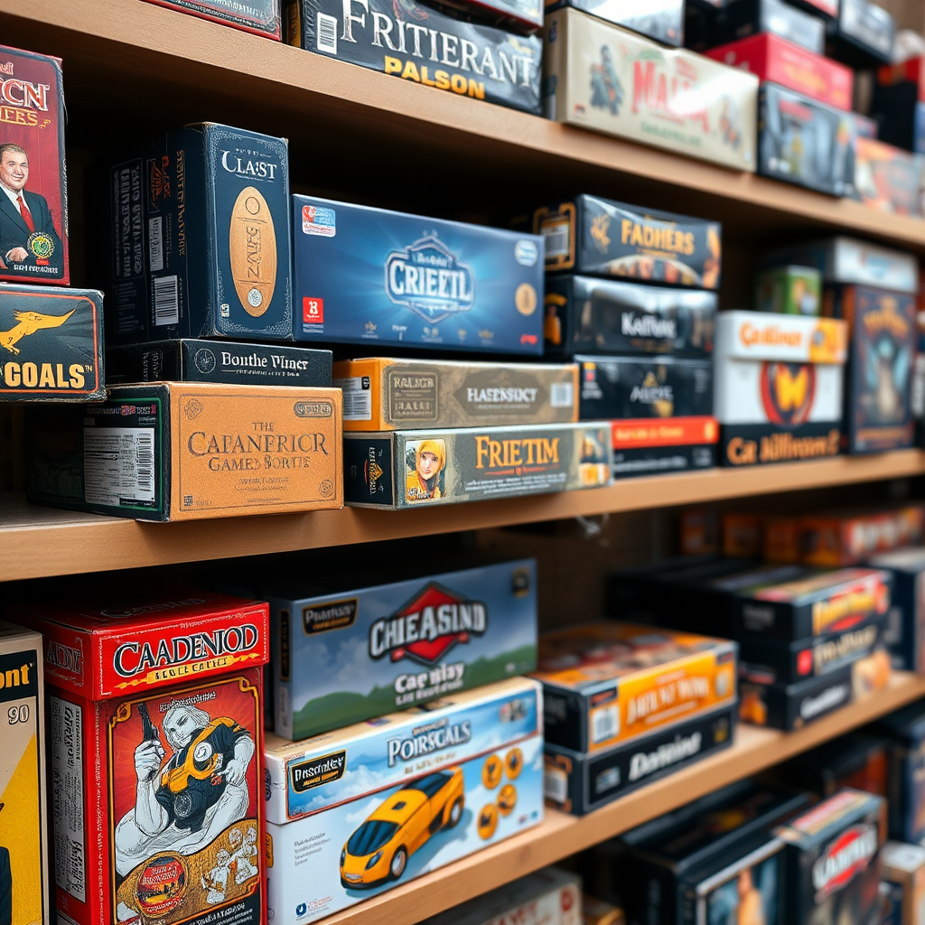 Társasjáték dobozok egy polcon, különböző méretű és színű csomagolások