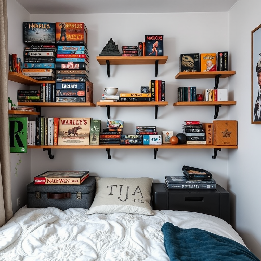 Kompakt társasjáték tárolási megoldás kis budapesti lakásban falra szerelt polcokkal és ágy alatti tárolódobozokkal