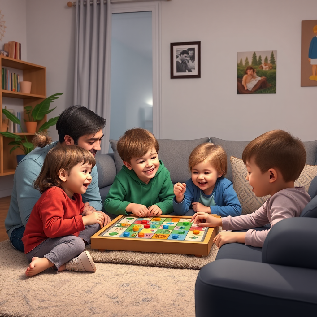 Boldog család játszik társasjátékot a nappaliban, gyerekek és szülők együtt