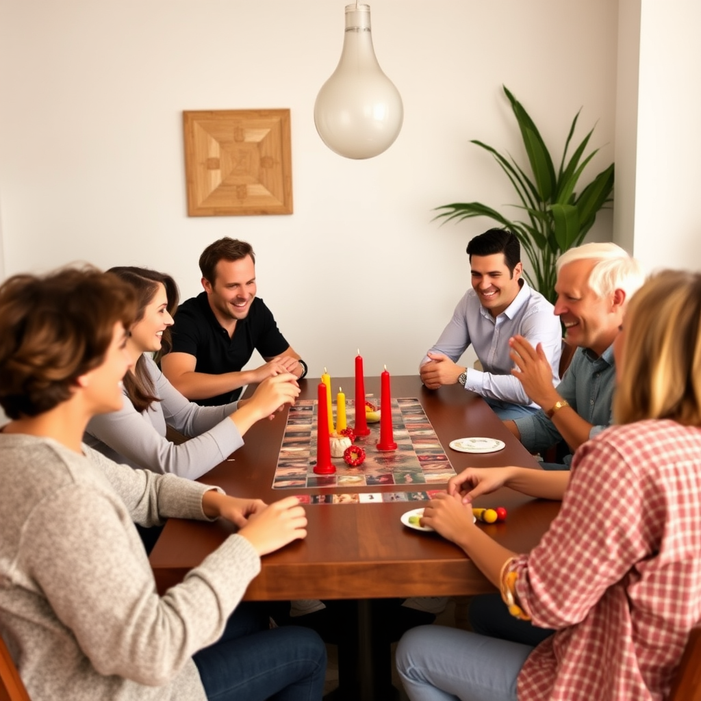 Nagy társaság játszik parti játékot, 8-10 fő körül ül az asztal, nevetés és szórakozás, family games nagyobb csoportoknak