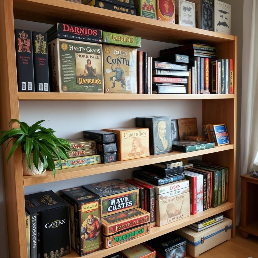Rendezett társasjáték gyűjtemény polcokon, budapesti lakásban space-saving megoldások, table games szervezése és tárolása