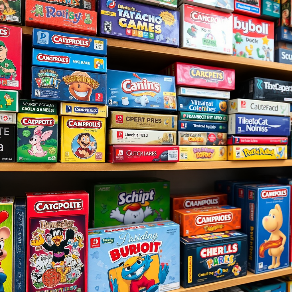 Színes társasjátékok polcon rendezve, különböző kategóriákban